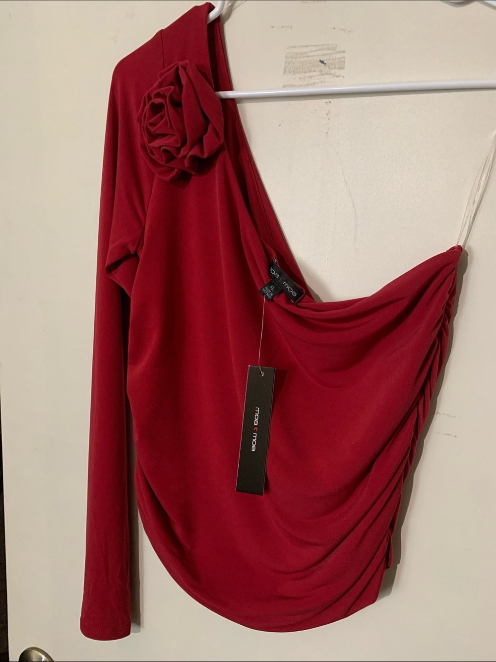 Moa Moa Crimson One-Shoulder Draped Top with Rosette